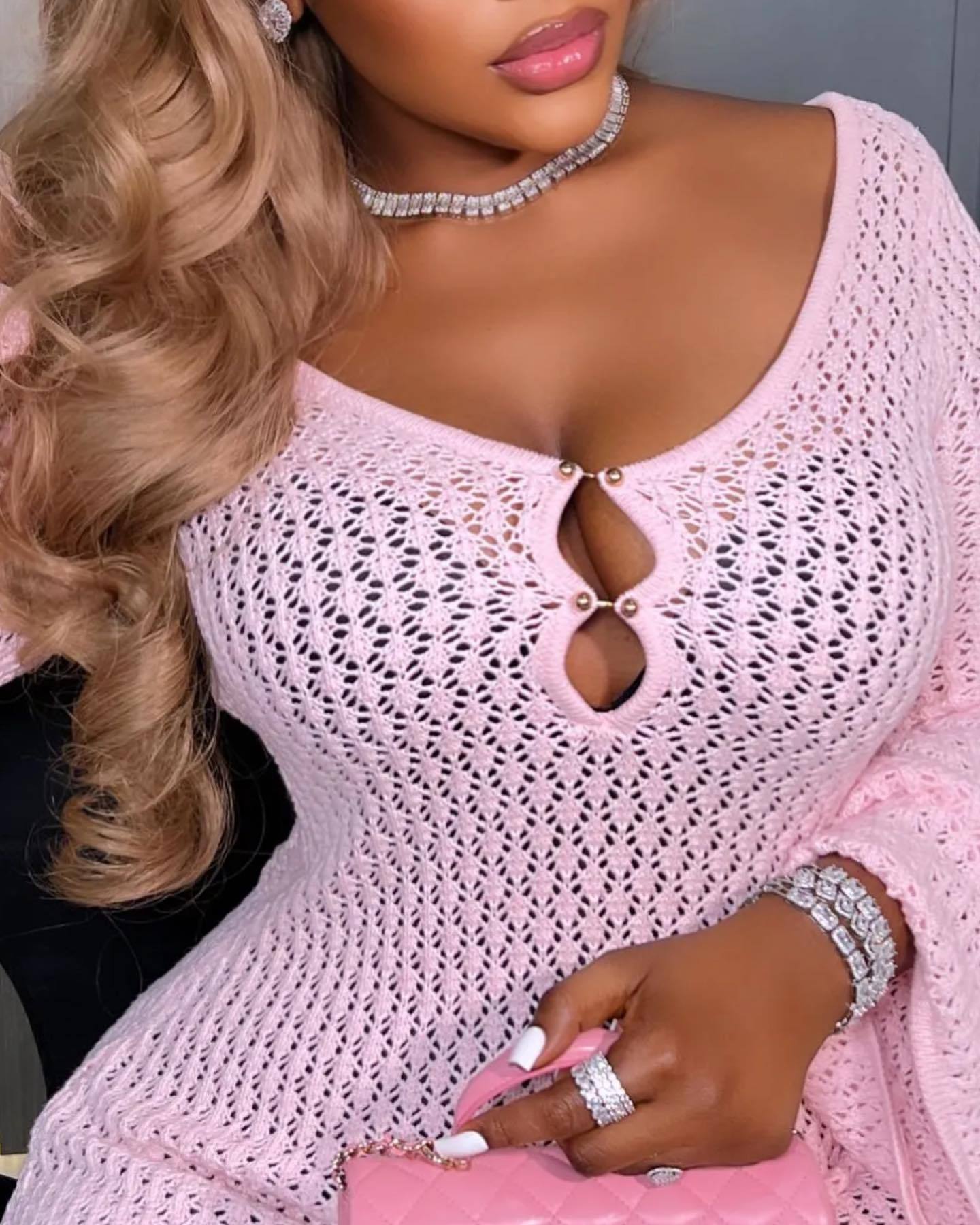 Pink sweater openwork dress