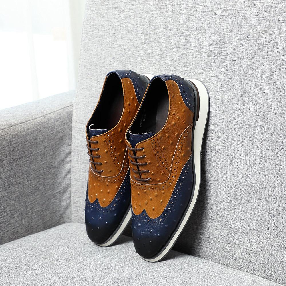 Handmade ostrich leather embossed classic Oxford color matching casual shoes