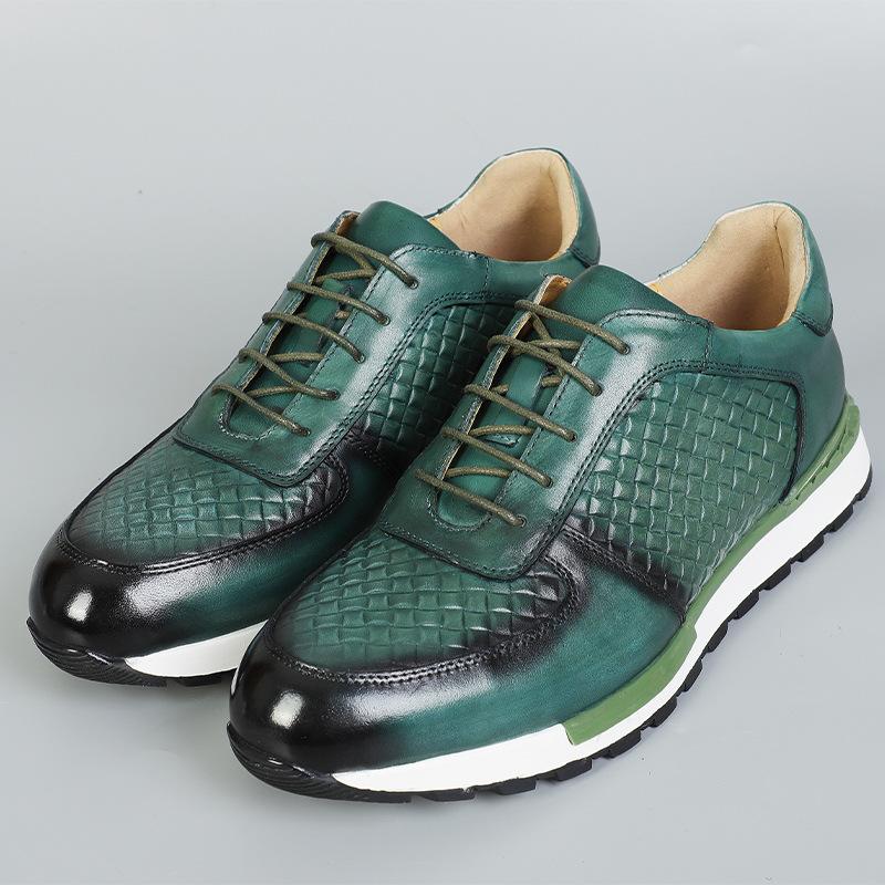 Dark Green Men's Sneakers Leather Italian Full-Grain Cowhide Slip Resistant Lace-up