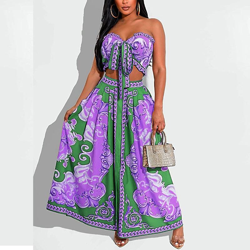 Long printed skirt suit wrapped in sexy chest in summer