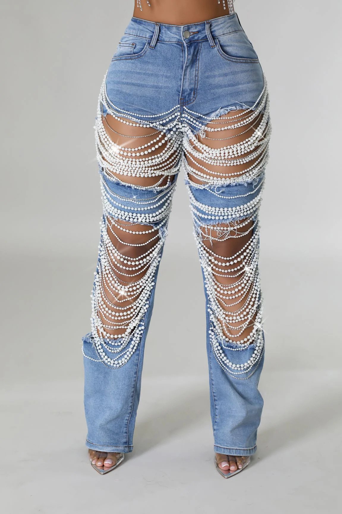 Hole-breaking heavy industry beaded elastic jeans and trousers female