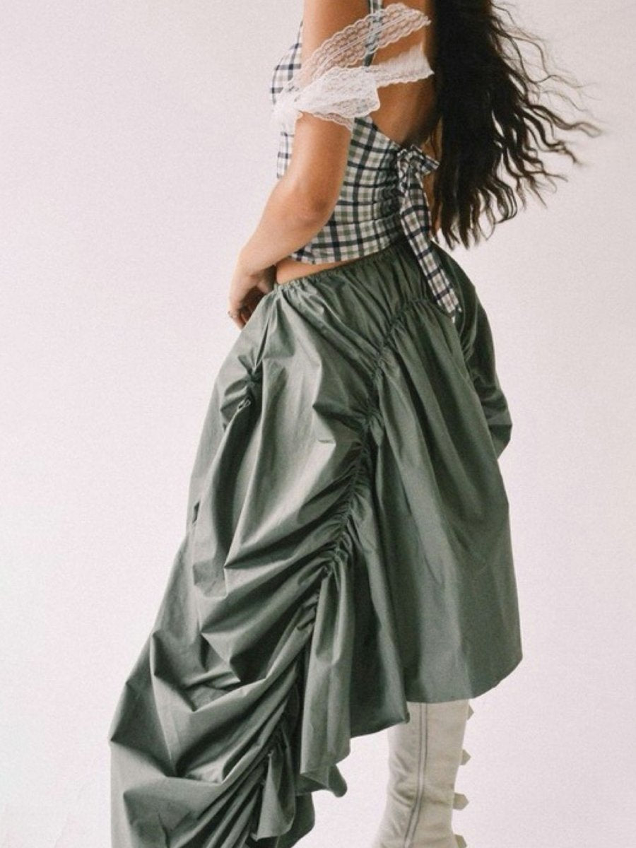 Wrinkled Elastic Waist Irregular Maxi Skirt