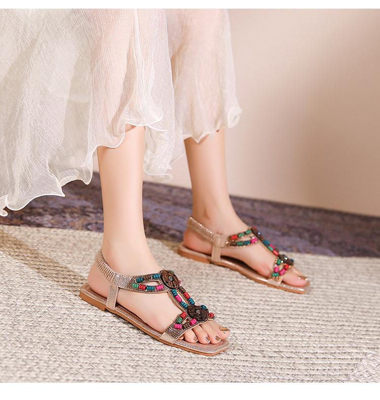 Women's Beaded Embellished Flat Sandals - Colorful Tribal-Inspired Casual Summer Footwear