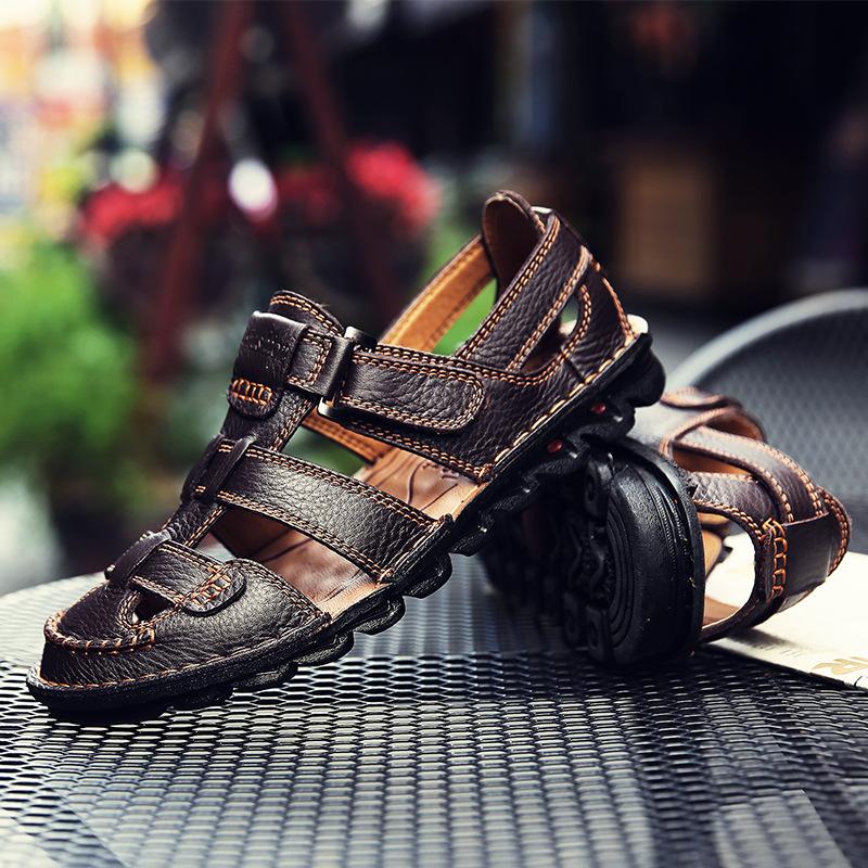 Closed Toe Sandals Leather Italian Full-Grain Cowhide Breathable Comfortable Slip