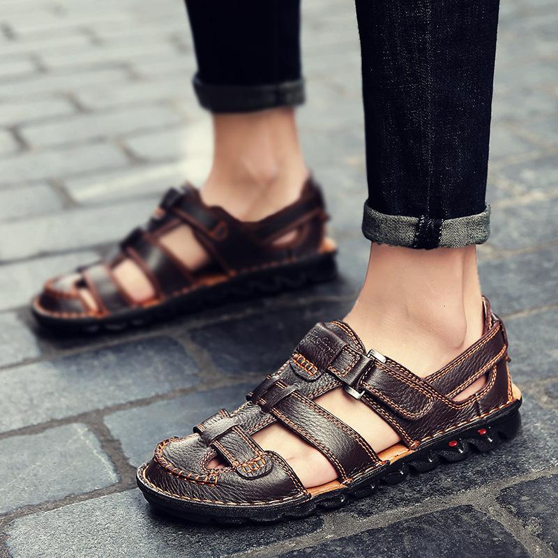 Closed Toe Sandals Leather Italian Full-Grain Cowhide Breathable Comfortable Slip