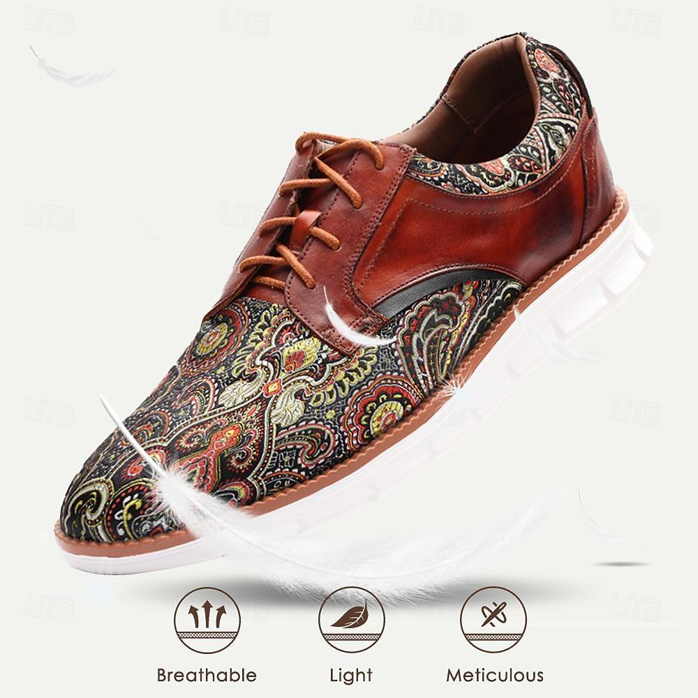 Print Shoes Leather Italian Full-Grain Cowhide Comfortable Slip Resistant Lace-up Brown