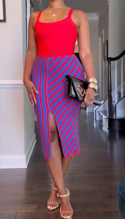 Contrast striped skirt suit