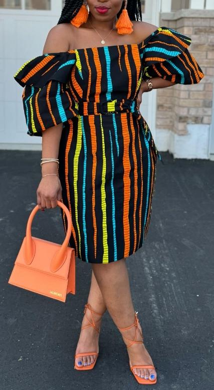 Color striped bubble sleeve dress