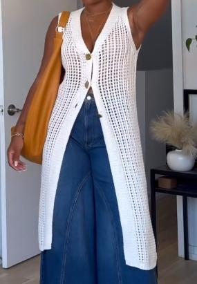 White knitted long vest cardigan