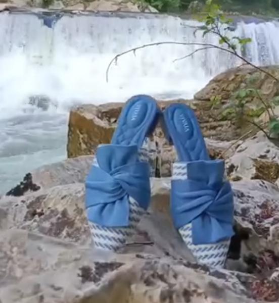 Blue striped big bow sandals and slippers