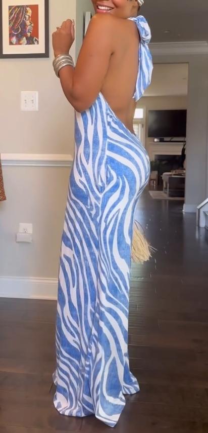 Hanging neck and backless blue and white jumpsuit