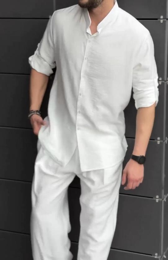 Cotton and linen short-sleeved pleated two-piece suit