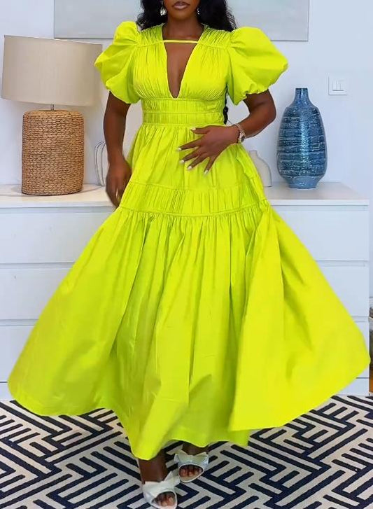 Yellow-green loose umbrella long dress