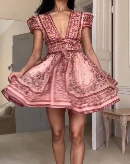 Pink patterned deep V-neck umbrella skirt dress