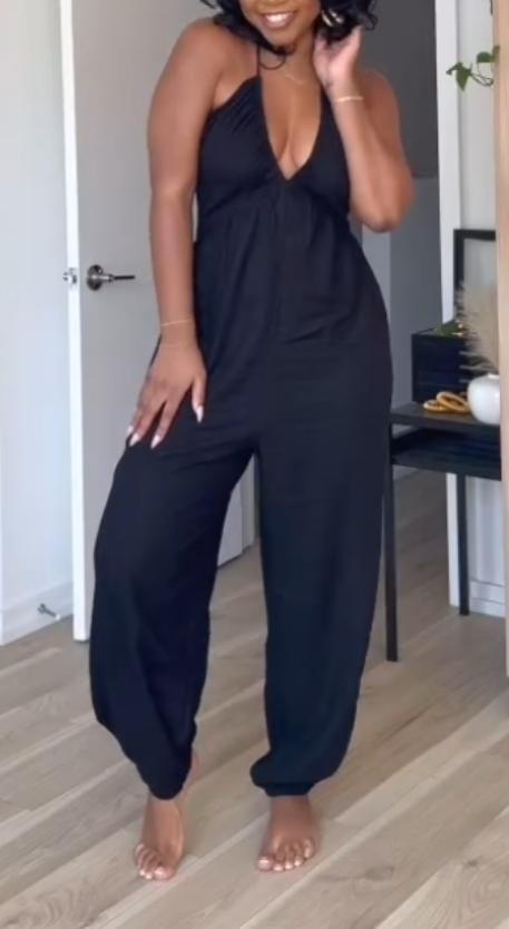 Deep V-neck sleeveless pleated pocket back with wide legs and long jumpsuit