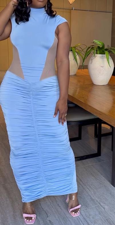 Sky blue pleated transparent dress