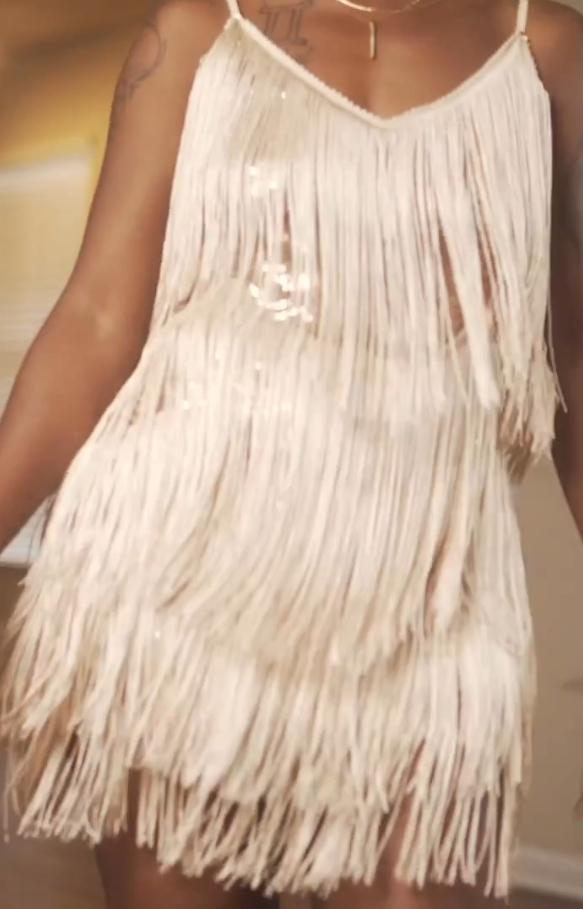 Silver sequined white fringed skirt