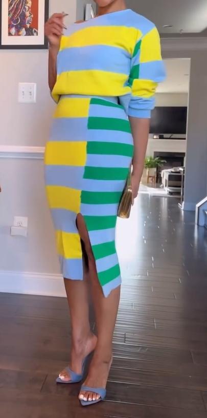 Yellow-green striped skirt suit with blue background