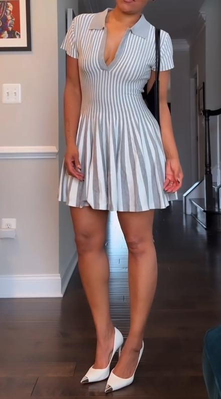 Grey and white striped u-neck skirt