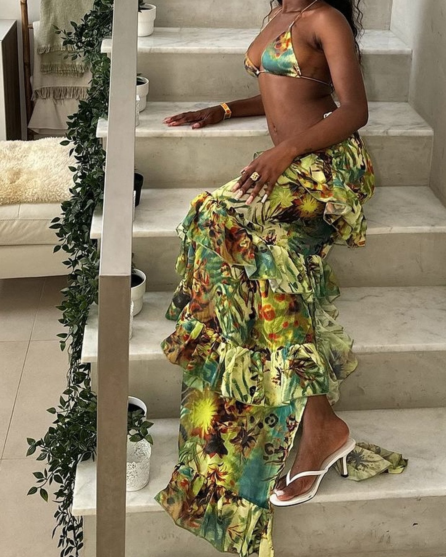 Triangle Bikini Top & Green Tropical Printed Chiffon Frill Detail Maxi Skirt