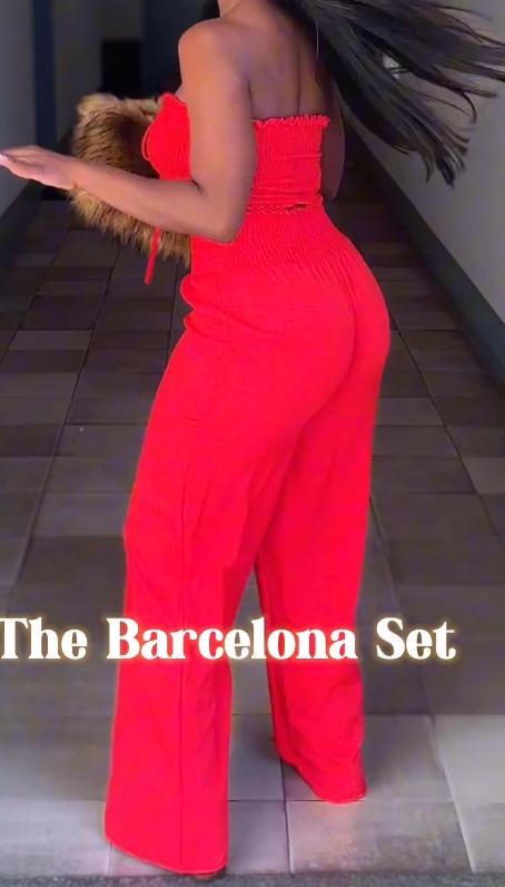 Two-piece red tube top trousers