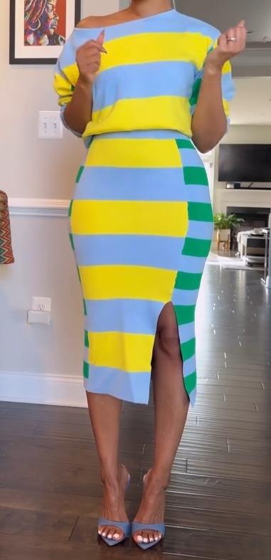 Yellow-green striped skirt suit with blue background