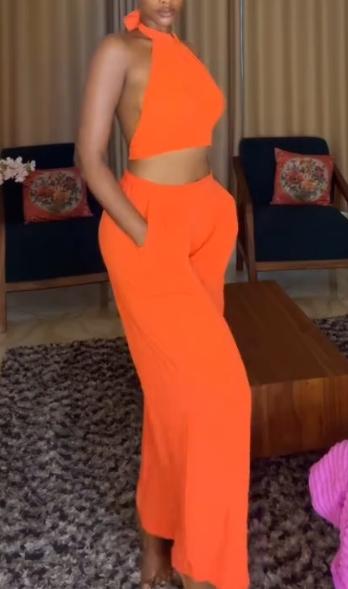 Orange neck sling wide-leg pants two-piece suit