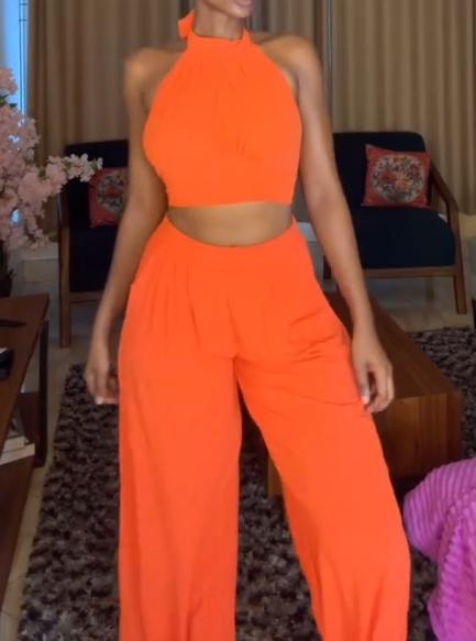 Orange neck sling wide-leg pants two-piece suit