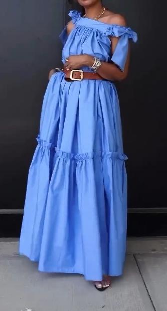 Blue one-shoulder loose dress