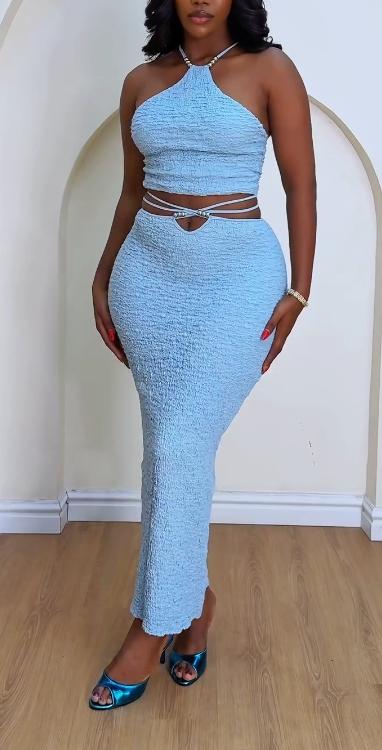 Blue elegant neck and waist two-piece suit