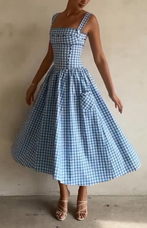 Blue plaid suspender dress