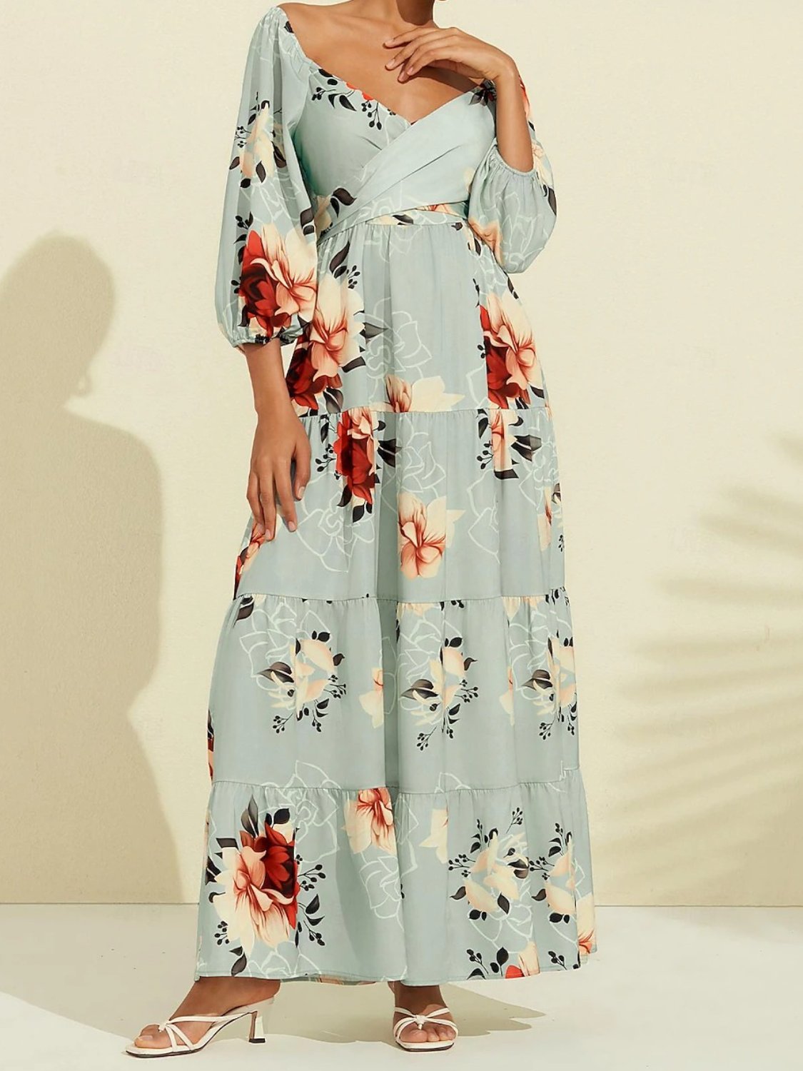 Light Blue Print Satin Lace up Maxi Dress