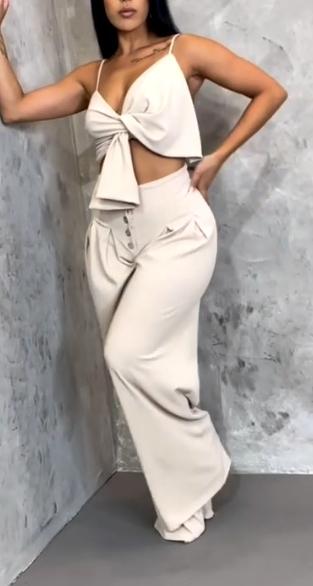 White bow coat wide-leg pants two-piece suit