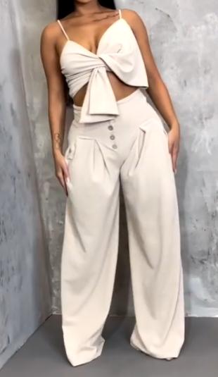 White bow coat wide-leg pants two-piece suit