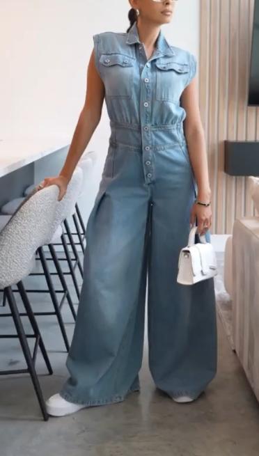 Sleeveless shirt collar denim jumpsuit