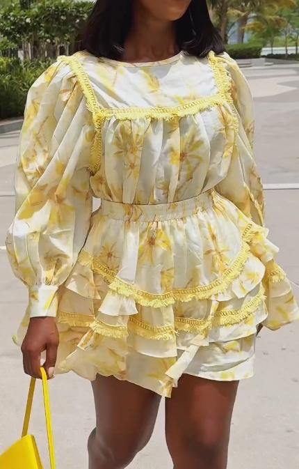 Yellow embroidered skirt suit