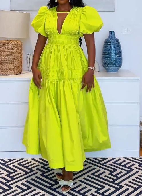 Yellow-green loose umbrella long dress