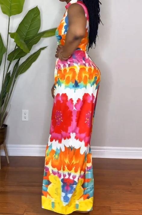 Summer patterned sleeveless party turtleneck jumpsuit