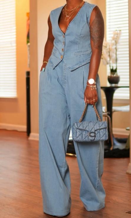 Button denim vest belt jeans suit