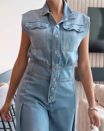 Sleeveless shirt collar denim jumpsuit