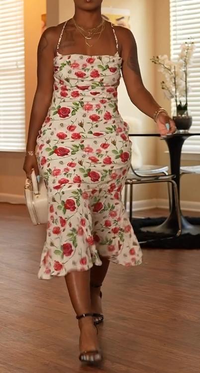 French vintage rose flower fishtail waist slim dress