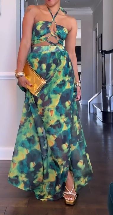 Printed Halter Neck Maxi Dress Summer Hawaiian Tropical Print Dress