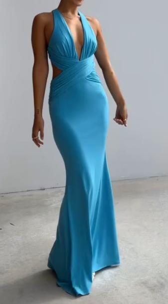 Blue-green back cross halter dress