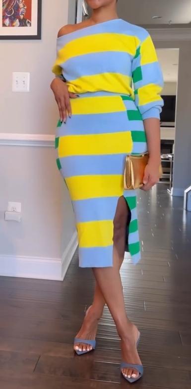 Yellow-green striped skirt suit with blue background