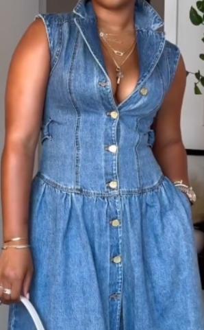 V-neck button-up denim dress