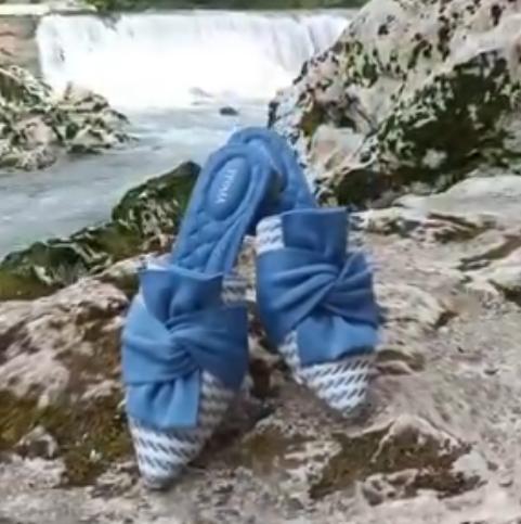 Blue striped big bow sandals and slippers