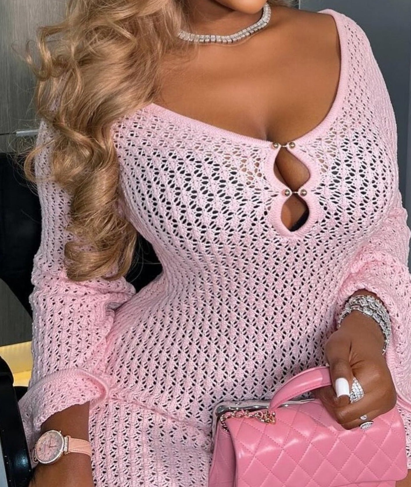 Pink sweater openwork dress