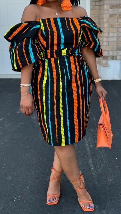 Color striped bubble sleeve dress