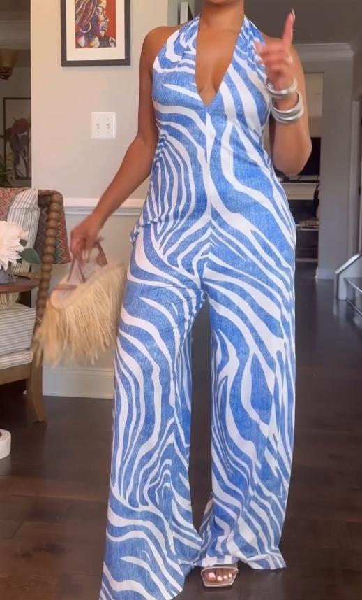 Hanging neck and backless blue and white jumpsuit