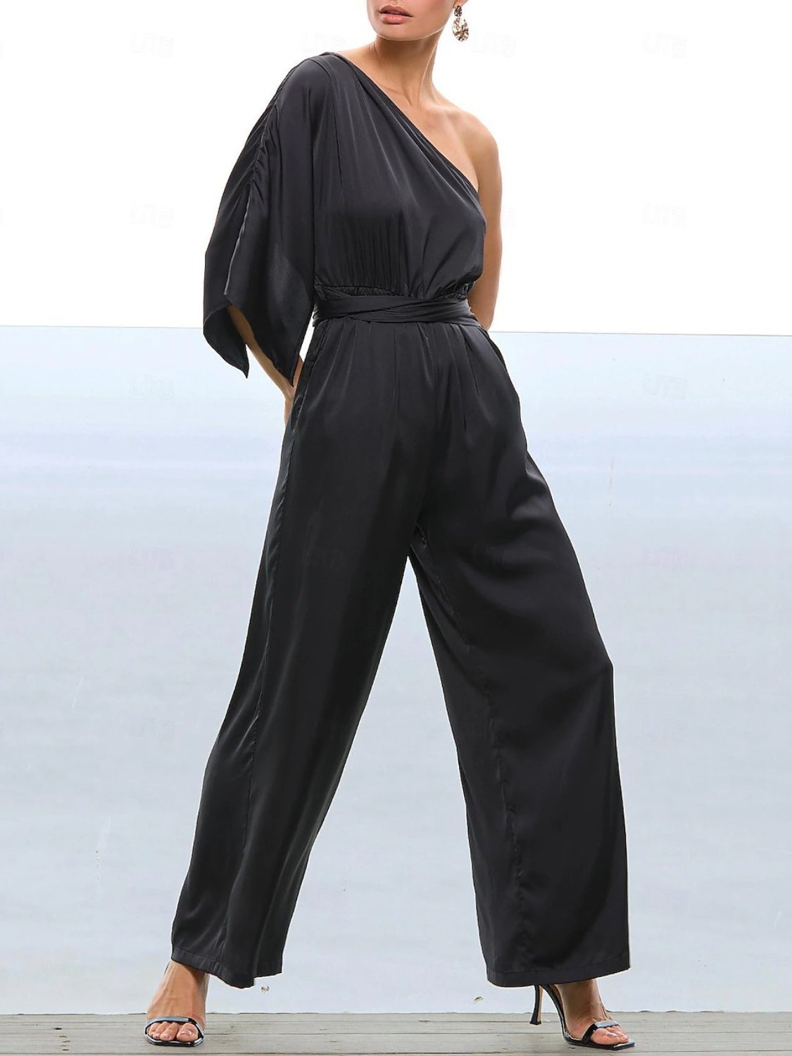 Satin One Shoulder Pocket Elegant Jumpsuit